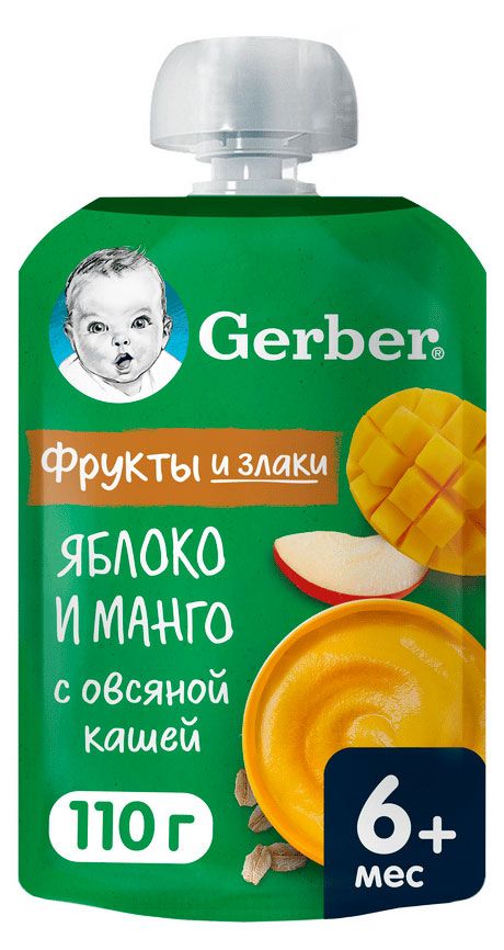 фото Пюре фруктовое gerber яблоко и манго с овсяной кашей 6 мес., 110 г