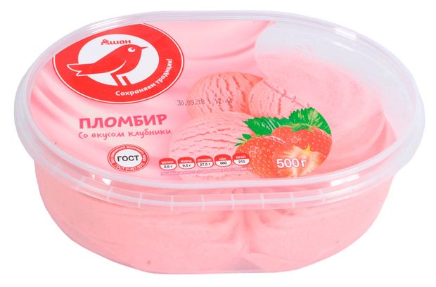 Мороженое молочное АШАН Красная птица Пломбир клубничный ГОСТ БЗМЖ, 500 г