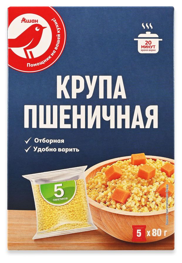 Крупа пшеничная АШАН Красная птица в пакетиках, 400 г
