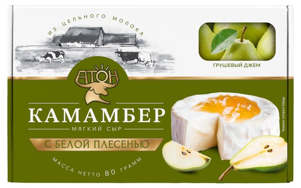 Сыр мягкий Камамбер Атон с белой плесенью 50-60% БЗМЖ, 80 г + грушевый джем, 20 г