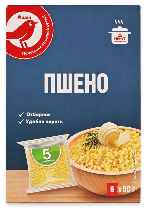 Пшено АШАН Красная птица для варки в пакетиках, 5х80 г