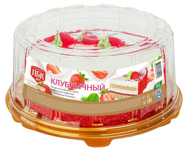 Торт бисквитный ПБК Клубничный с воздушными взбитыми сливками и клубничным конфитюром охлажденный, 600 г