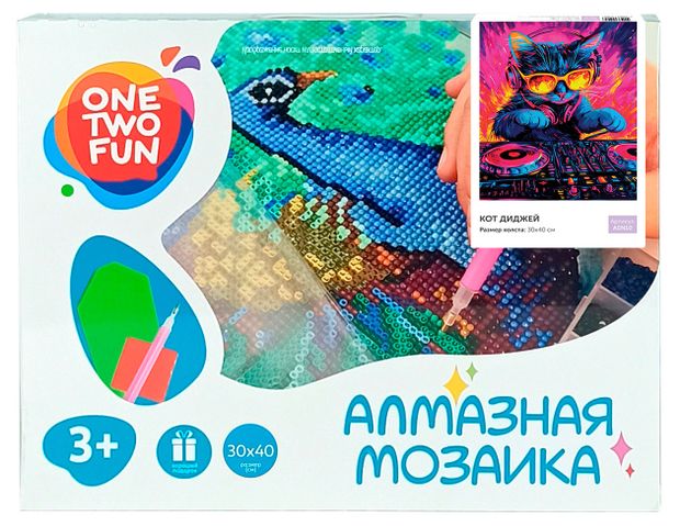 Набор для творчества ONE TWO FUN Алмазная мозаика Кот диджей, 30х40 см