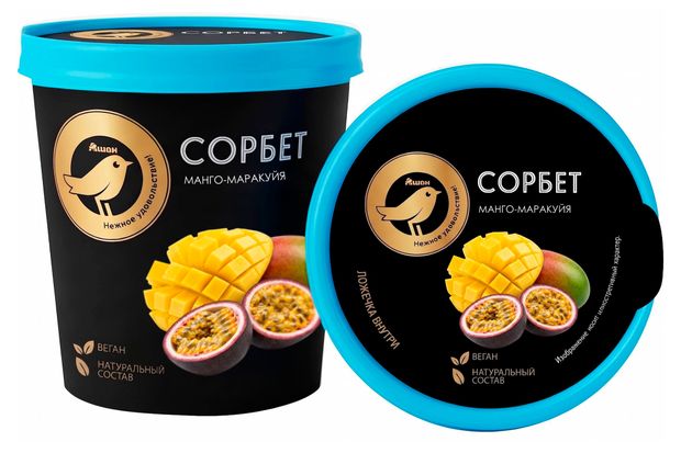 Десерт фруктовый Сорбет АШАН Золотая птица Vegan из пюре манго-маракуйя, 75 г