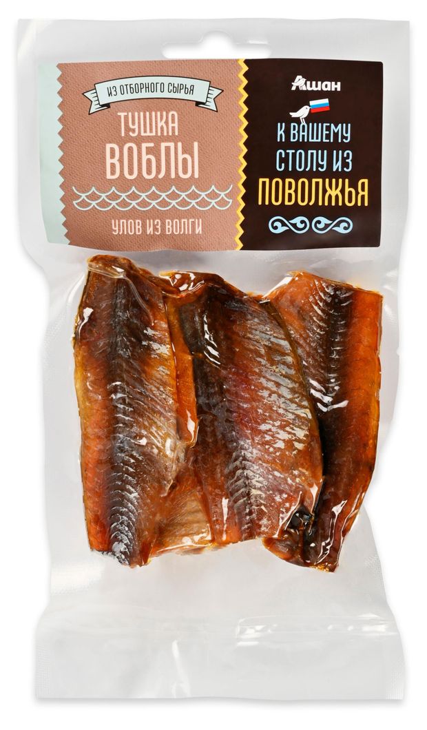 Вобла вяленая АШАН Красная птица Улов из Волги очищенная тушка, 100 г