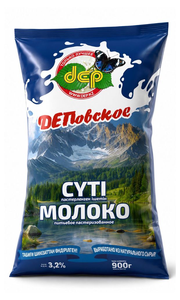 Молоко пастеризованное питьевое Dep ДЕПповское цельное в пакете халяль 3,2% БЗМЖ Казахстан, 900 г