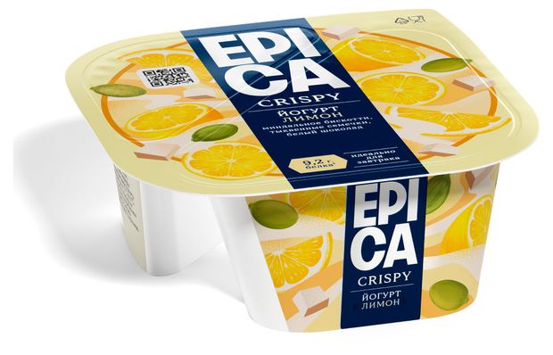 Йогурт густой ложковый EPICA Crispy с лимоном семенами тыквы печеньем белым шоколадом 8.6%, 140 г