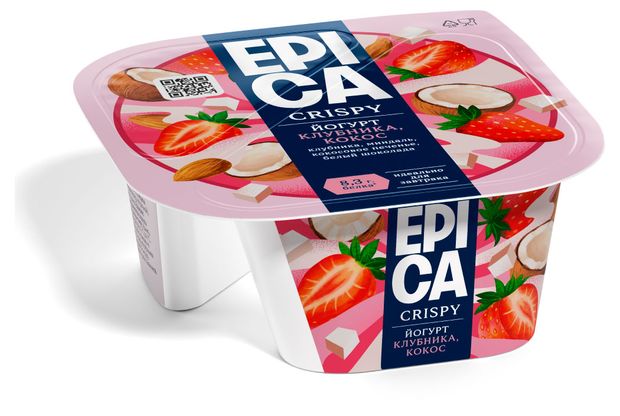 Йогурт EPICA Crispy клубника миндаль кокосовое печенье белый шоколад 7,3% БЗМЖ, 138 г