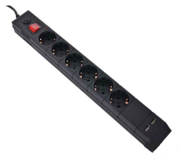 Сетевой фильтр BURO BU-SP1,8_USB/W черный, 1,8 м