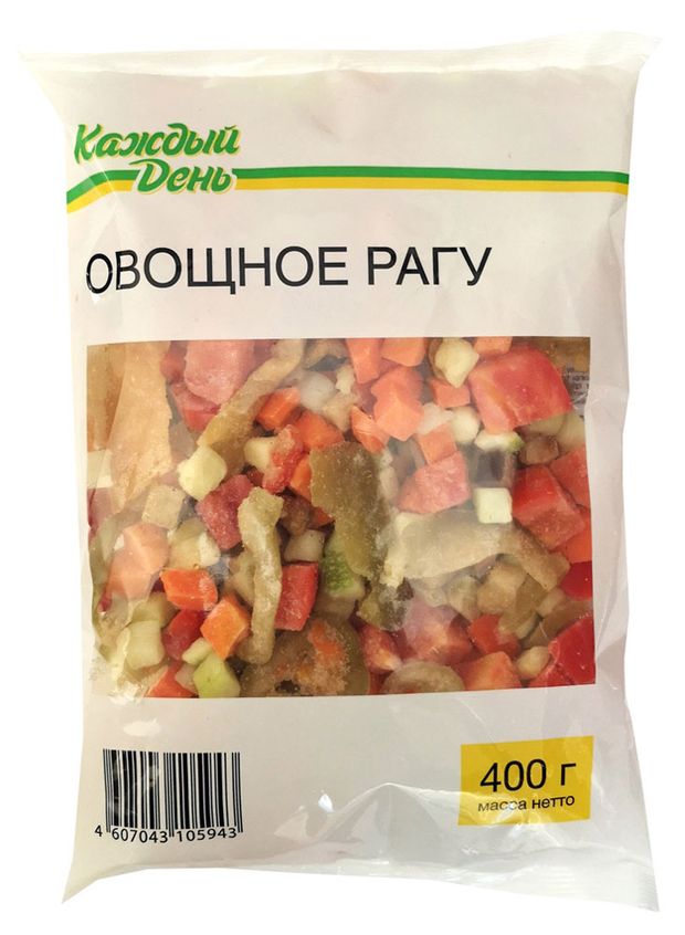 Овощная смесь Каждый день Овощное рагу кабачки морковь томаты баклажаны болгарский перец лук замороженная, 400 г