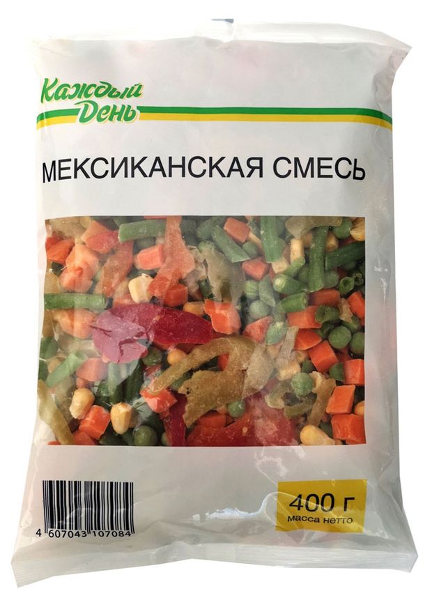 Овощная смесь Каждый день Мексиканская морковь зеленый горошек кукуруза фасоль перец болгарский замороженная, 400 г