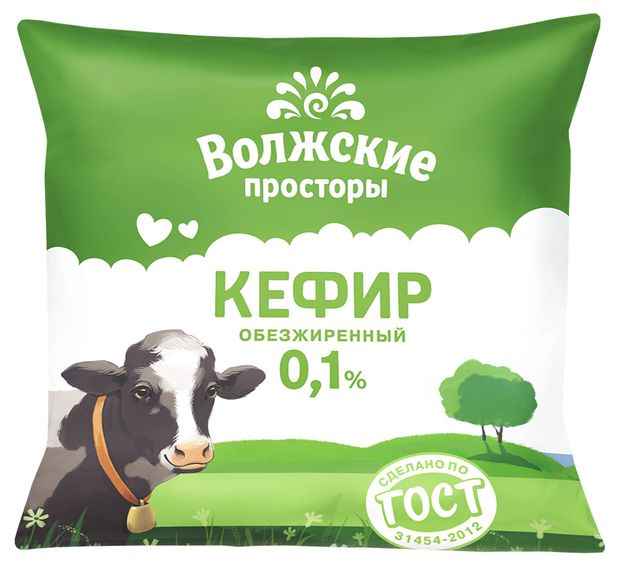 Кефир Волжские просторы в пакете 0,1% БЗМЖ, 900 г
