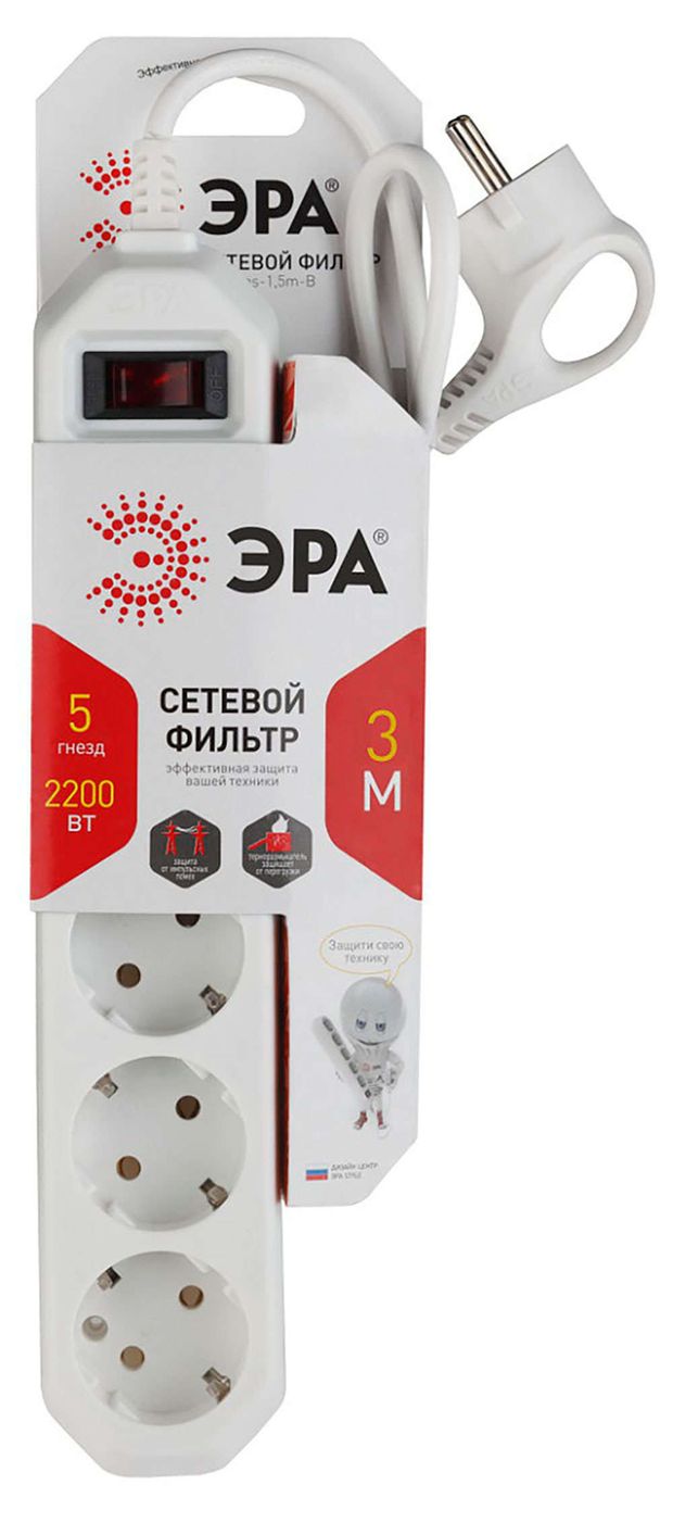 Фильтр сетевой Эра 5 гнезд с заземлением 3x0,75 мм2, 1,5 м