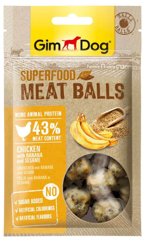 

Лакомство для собак GimDog Meat Balls мясные шарики курица с бананом и кунжутом, 70 г