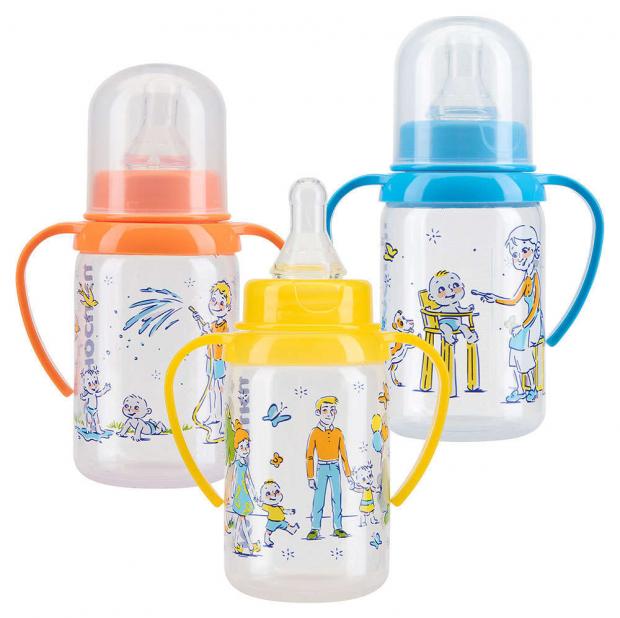 Бутылочка Курносики полипропиленовая с ручками с силиконовой соской 125 мл 140₽