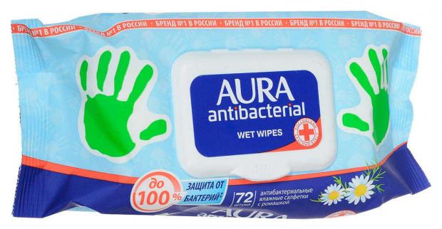 Влажные салфетки Aura с ромашкой антибактериальные, 72 шт салфетки влажные aura family влажная антибактериальные 72 шт