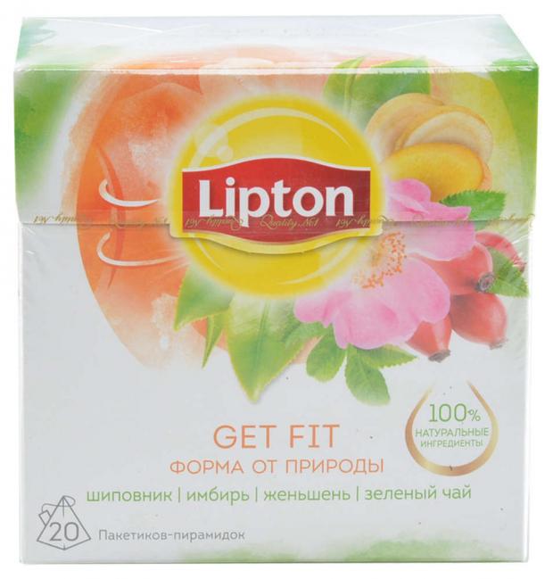 

Чай зеленый Lipton Get fit с яблоком имбирем и корнем женьшеня в пирамидках, 20х2,8 г