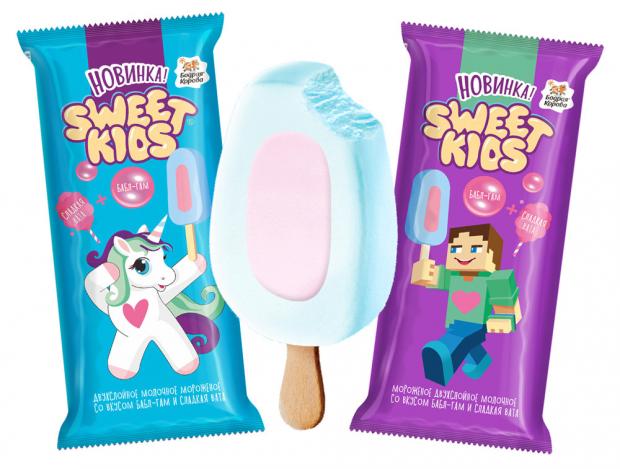 

Мороженое «Бодрая корова» Sweet Kids эскимо бабл-гам и сладкая вата 3,5%, 55 г