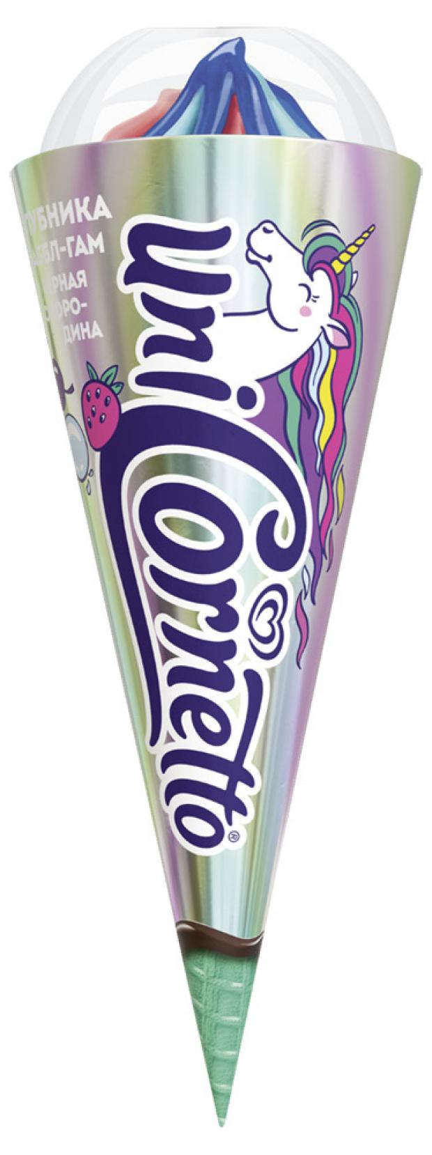 Мороженое Cornetto Единорог клубника баббл гам черная смородина 74 г 60₽