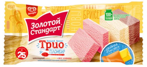 

Мороженое «Золотой Стандарт» пломбир Трио шоколад сливки клубника, 180 г