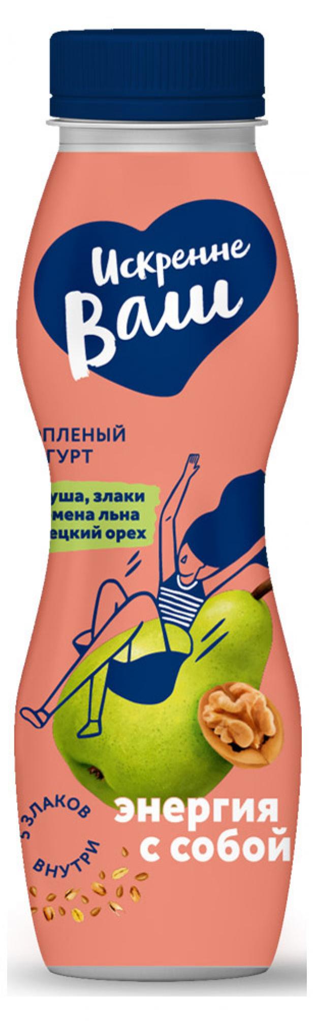 

Йогурт питьевой «Искренне Ваш» из топленого молока груша злаки семена льна грецкий орех 3,5%, 280 г