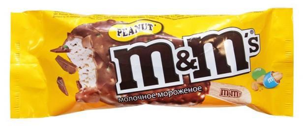 Мороженое Эскимо M&Ms молочное с дробленым драже и арахисом в глазури, 62 г