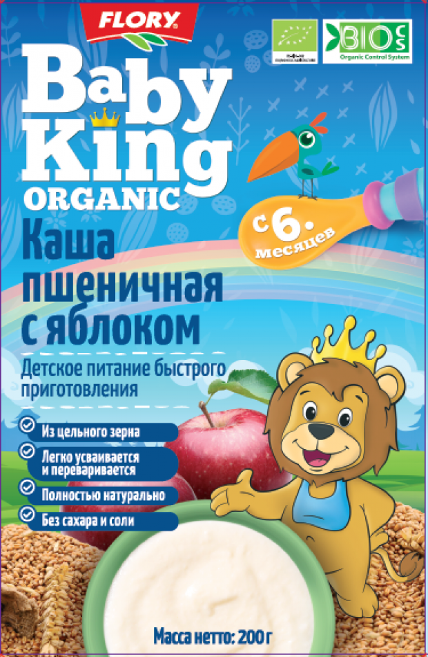 

Каша безмолочная Flory Baby king Organic пшеничная с яблоком c 6 мес, 200 г
