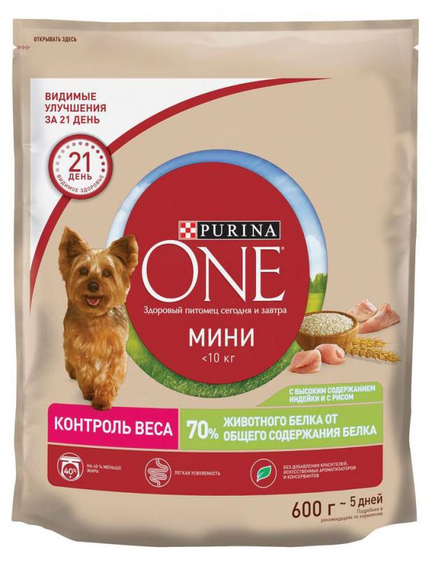 Корм для собак Purina ONE Мини сухой Здоровый вес с индейкой и рисом 600 г 179₽