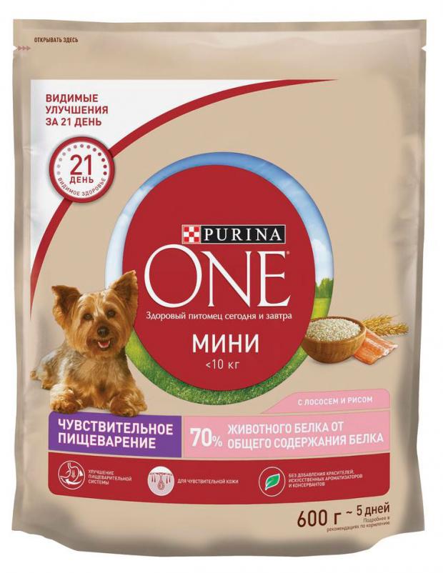 Сухой корм для собак Purina ONE МИНИ Чувствительная для мелких пород с лососем и рисом 600 г 196₽
