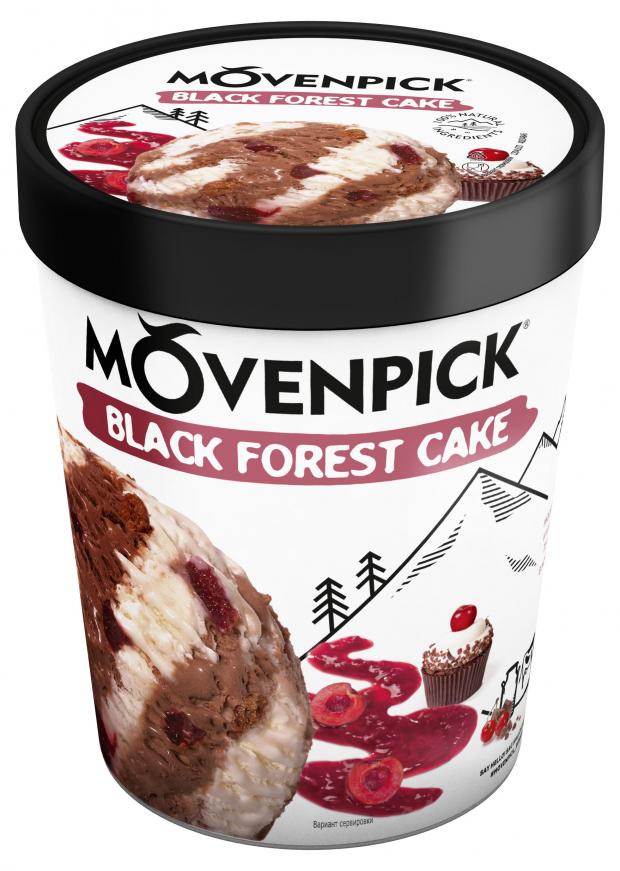 

Мороженое сливочное Movenpick Black Forest Cake двухслойное шоколадное и со вкусом сливок с вишней и кусочками печенья, 300 г