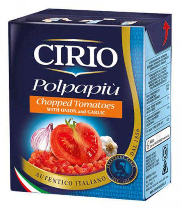 

Томаты очищенные CIRIO резаные с луком и чесноком, 390 г
