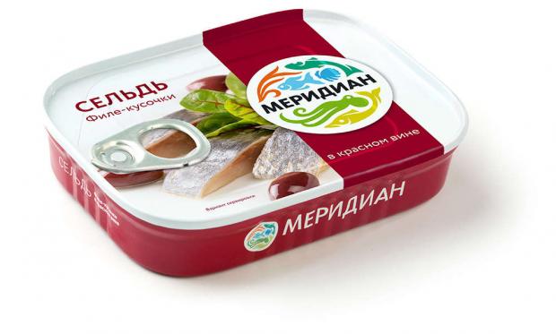

Сельдь «Меридиан» филе-кусочки в красном вине, 115 г