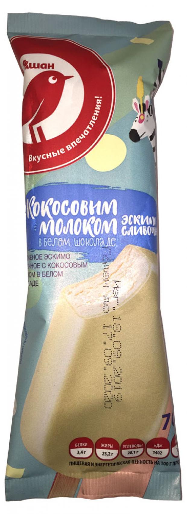 Мороженое АШАН Эскимо кокос в белом шоколаде, 70 г