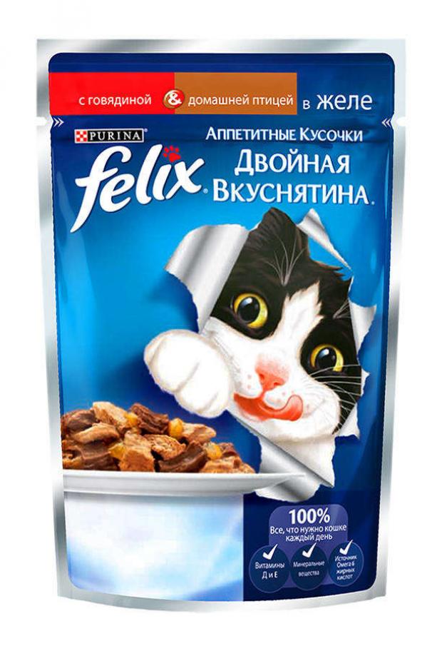 

Корм для кошек Felix Двойная вкуснятина желе говядина птица, 85 г