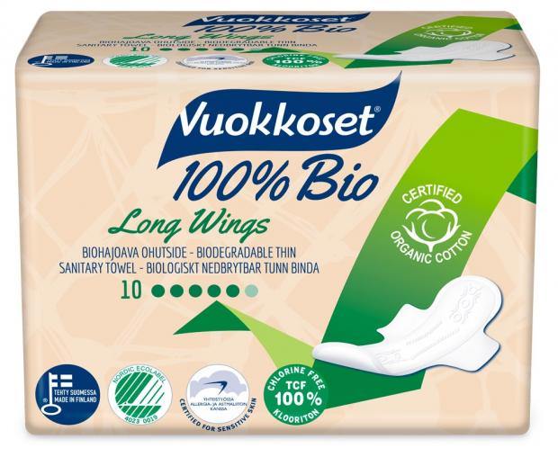 

Прокладки гигиенические Vuokkoset Bio 100% Long Wings, 10 шт