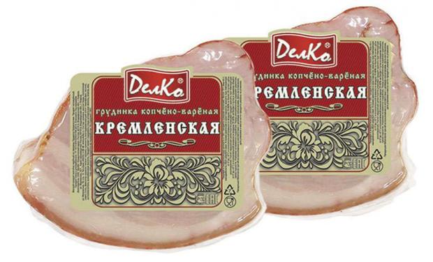 

Грудинка варено-копченая «ДелКо» Кремленская (0,3-0,6 кг) , 1 упаковка ~ 0,4 кг