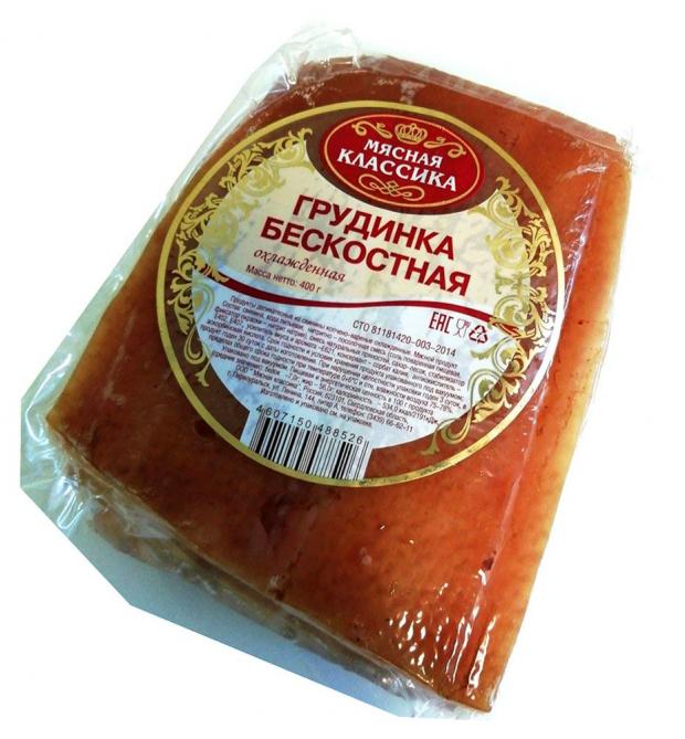 

Грудинка варено-копченая «Мясная классика» бескостная (0,8-1,2 кг), 1 упаковка ~ 1 кг