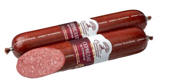 

Сервелат варено-копченый «Сочинский мясокомбинат» по-Сочински (0,6-0,9 кг) , 1 упаковка ~ 0,7 кг