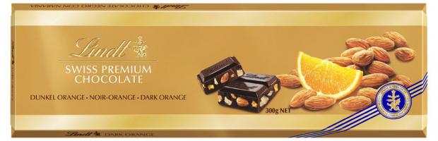 

Шоколад темный Lindt SWISS PREMIUM CHOCOLATE с апельсином и миндалем, 300 г