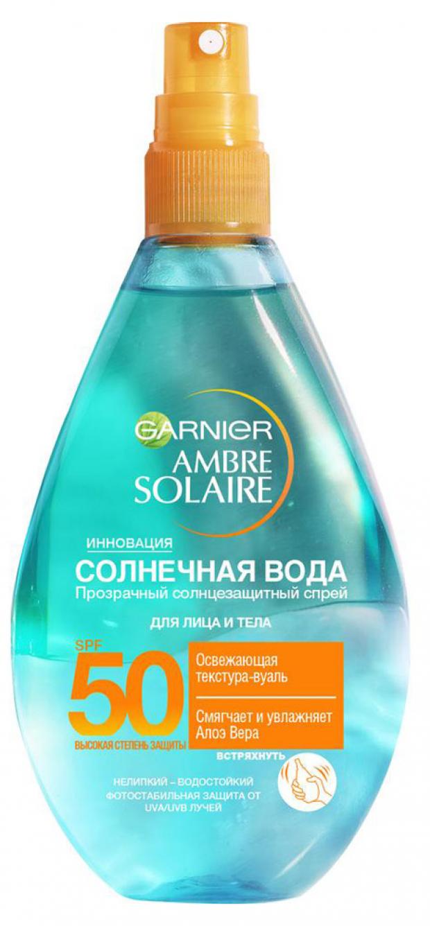 фото Спрей для тела солнцезащитный garnier ambre solaire солнечная вода с алоэ вера spf 50, 150 мл