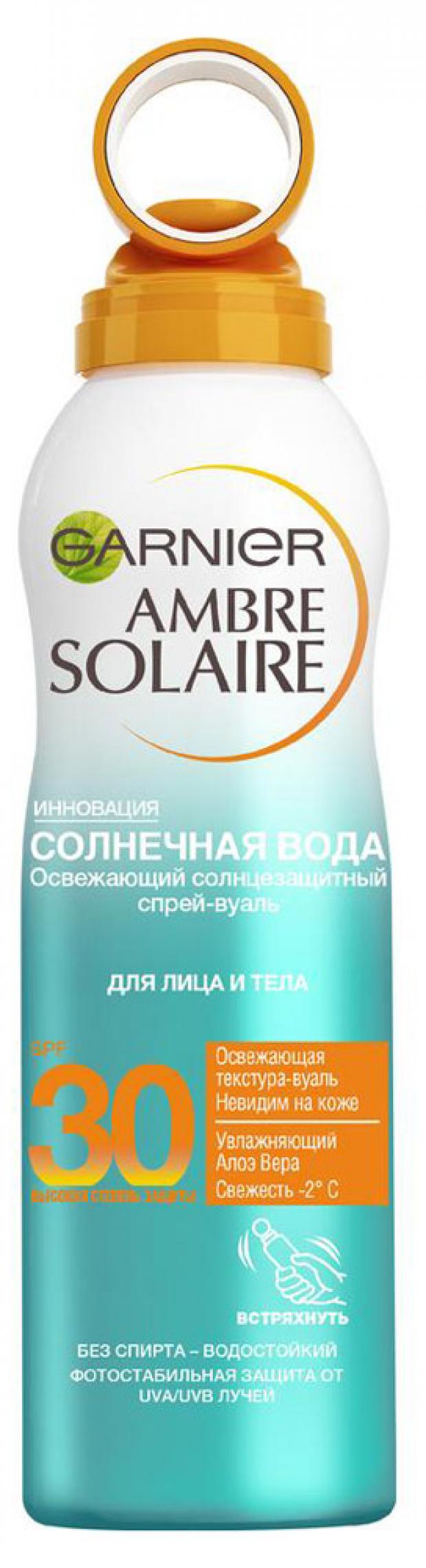 фото Спрей-вуаль для лица и тела солнцезащитный garnier ambre solaire солнечная вода освежающий с алоэ вера spf 30, 200 мл