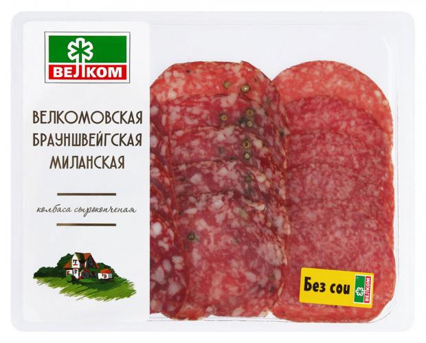 Колбаса сырокопченая Велком Ассорти Брауншвейгская Велкомовская Миланская нарезка 150 г 226₽
