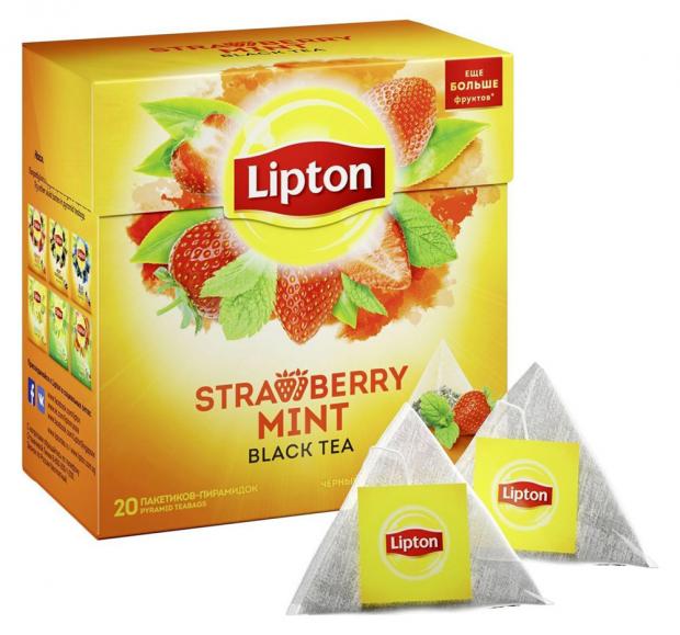 

Чай черный Lipton Strawberry Mint с кучоками клубники и мятой, 20х1,8 г