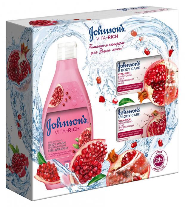 

Подарочный набор Гель для душа Johnson’s Преображающий с экстрактом граната, 250 мл + Мыло Johnson’s Преображающее с экстрактом граната, 2 х 125 г