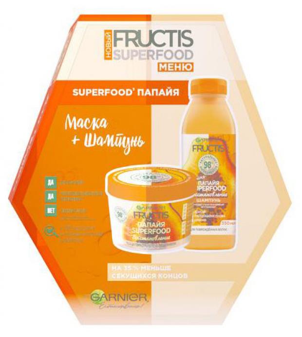 

Подарочный набор Шампунь для волос Garnier Fructis Папайя Superfood Восстановление для поврежденных волос, 350 мл + Маска для волос Garnier Fructis Superfood Папайя 3в1, 390 мл