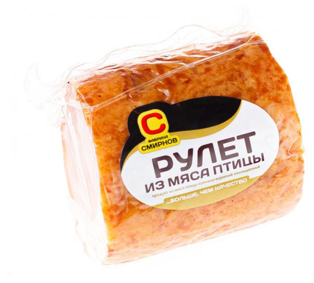 

Рулет копчено-вареный «Фабрика Смирнов» из мяса птицы (0,25-0,35 кг), 1 упаковка ~0,3 кг