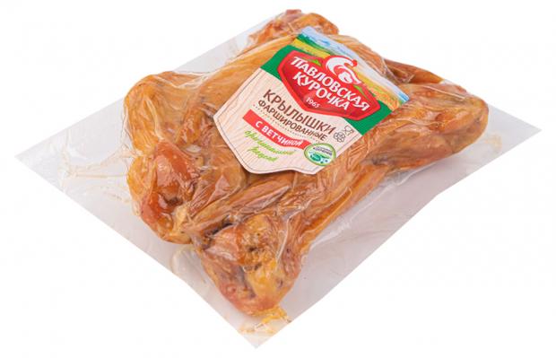 

Крылышки копчено-вареные «Павловская курочка» фаршированные рубленым мясом птицы с добавлением соли и приправ (0,4-0,6 кг), 1 упаковка ~0,5 кг