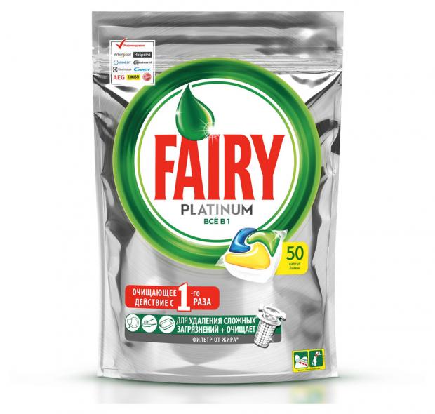 Капсулы для посудомоечной машины Fairy Platinum All in One Лимон 50 шт 1033₽