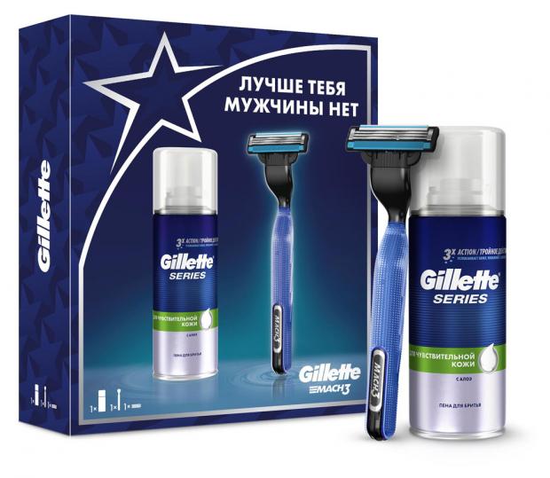 Подарочный набор Бритва мужская Gillette Mach 3 Start + Пена для бритья Gillette Series Sensitive, 100 мл