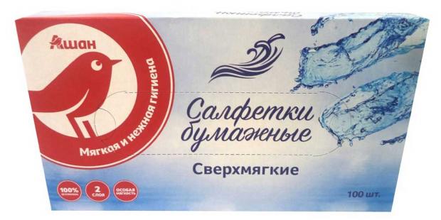 

Салфетки бумажные АШАН сверхмягкие 2 слоя, 100 шт